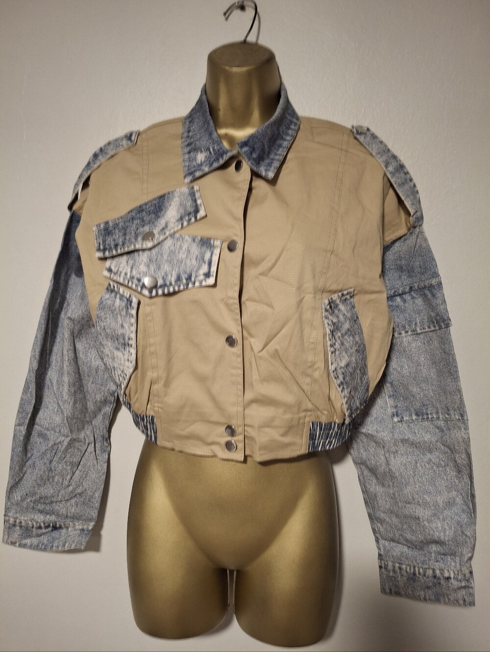 Two-Tone Tan and Washed Denim Print⁸ Cropped Jacket